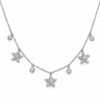 FLORAL CHARM – Stříbrný náhrdelník Ag 925 s květinovými přívěsky a moissanitem 0,006 ct